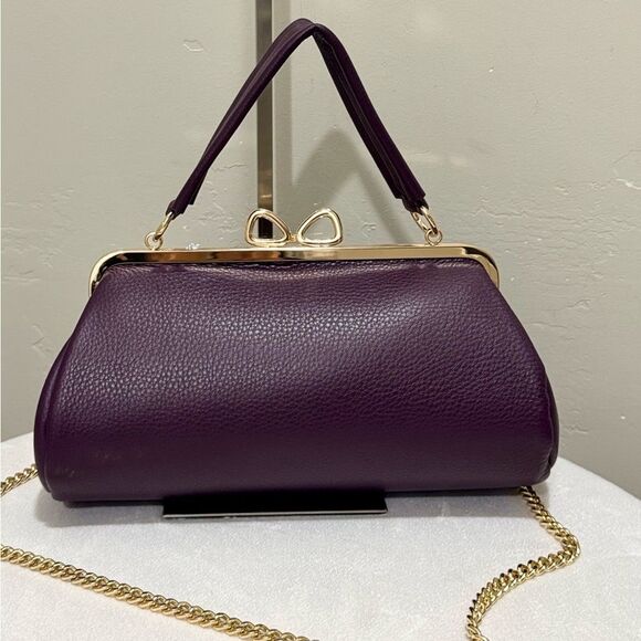 Purple Pebble Leather Handmade Bow Shaped Kisslock Baguette Bag/Crossbody - Picture 3 of 16
